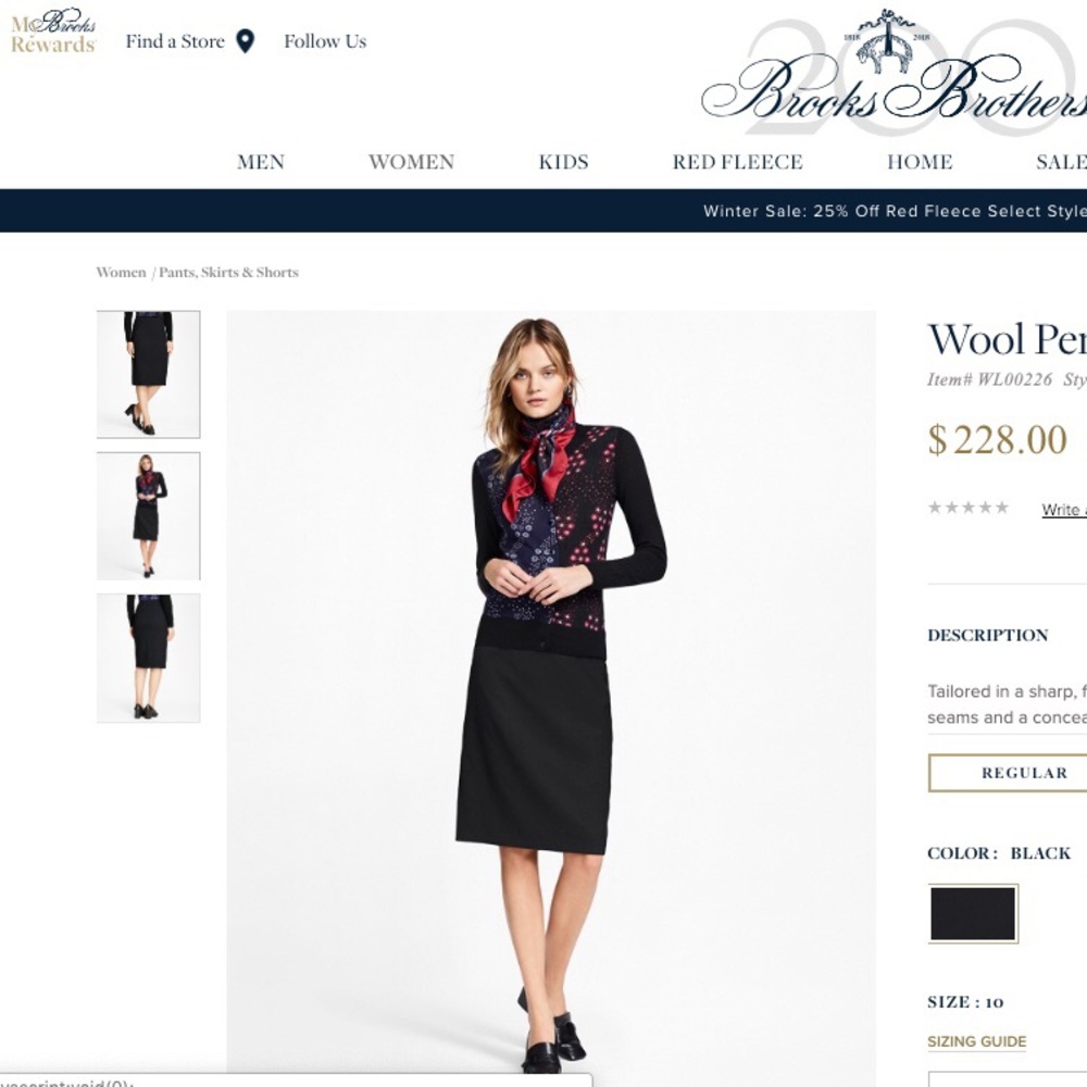 Brooks Brothers Wool Lined Pencil Skirt Black 8